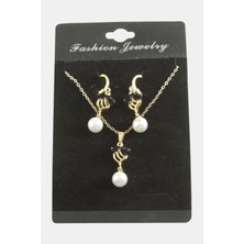 Zero Land Ozdestor Çiçek Inci Zirkon Taşlı Set Kolye-Siyah