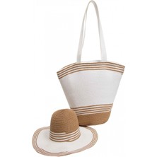 Bay Şapkacı Kadın Çizgili Hasır Plaj Çantası ve Güneş Şapkası 2'li Takımı 7031