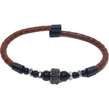 JTSS26BLK1727 Paslanmaz Çelik Bilezik Hakiki Deri Kaplama Zirkon ve Doğaltaşlı Garantili Janti Bileklik