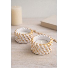 Lavinyum 2’li Gold Detaylı Dekoratif Mumluk Seti – Taş/seramik Tealight Mumluk, Salon & Masa Üstü Şık Obje