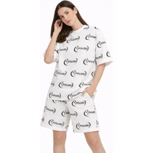 Nnstartshopping  Oversize Ön ve Arka Baskılı Tişört Şort Takım Rahat Kalıp Yazlık Günlük Kombin - Beyaz