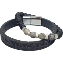 JTSS26BLK1711 Hakiki Deri Alaşımlı Metal Kilit Akik ve Hematit Doğaltaş Kutulu Garantili Janti Kombin Bileklik