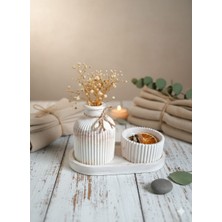 Lavinyum Mermer Desenli Özel Tasarım Mum Vazo Aksesuar Seti Çiçekler ve Mum Dahil