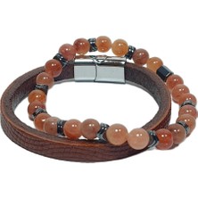 JTSS26BLK1709 Hakiki Deri Alaşımlı Metal Kilit Akik Onyx ve Hematit Doğaltaş Kutulu Garantili Janti Kombin Bileklik