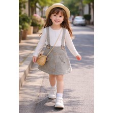 Bubiee Baby Kız Çocuk Önden Düğmeli Askılı Jile Etek ve Beyaz Fitilli Body Ikili Takım