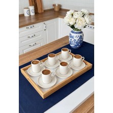 Atbyhome Aden 6 Kişilik 13 Parça Bambu Tepsili  Porselen Türk Kahvesi Fincan Takımı Seti - Beyaz