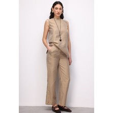 Mizalle Geniş Paça Bej Rengi Basic Pantolon