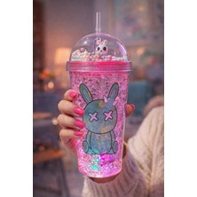 Biton Toptan Pipetli Suluk Tavşan Temalı Buz Görünümlü  LED Işıklı 450 ml Çift Katman Mika Su Şişesi 2087 Pembe