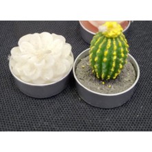 Es Dekor 2'li Tealight Minik Mum Metal Altlıklı Çiçek Kaktüs Aksesuar Ev Dekorasyon