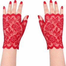 Buğz Kırmızı Dantel Parmaksız Kısa Eldiven