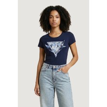 Guess Kısa Kollu Bisiklet Yaka Tüylü Üçgen Kadın Lacivert T-Shirt W6GI11K3026-G7P1