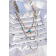 VeraGlobe Buğz 316L Çelik Mix Renk 3'lü Zincir Damla Madalyon Figür Uzun Kadın Kolye - Buğz