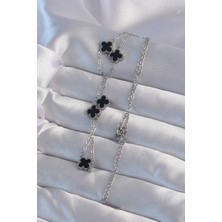 VeraGlobe Buğz 316L Çelik Gümüş Renk Minimal Siyah Mineli Yonca Kolye - Buğz