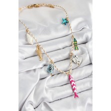 VeraGlobe Buğz Seramik Motifli Pembe Balık Figürlü Model Krem Ip Kadın Kolye - Buğz