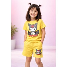 Almira Anne Bebek Yazlık Kız Çocuk Takımı Renkli Kuromi Baskılı Kısa Kollu Şortlu Set