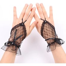 VeraGlobe Buğz Siyah Dantel Fiyonklu Parmak Halkalı Kadın Eldiveni - Buğz