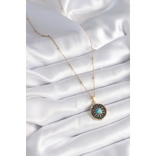 VeraGlobe Buğz 316L Çelik Gold Renk Mavi Boncuk Güneş Işleme Madalyon Model Kadın Kolye - Buğz