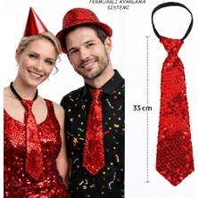 Musestore Kırmızı Renk Pul Payetli Işıltılı Parti Kravatı 33 cm