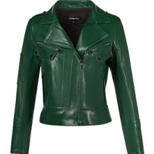 Derimod Roma Kadın Yeşil Kısa Biker Deri Ceket 25WGD5609VE