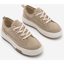 Marjin Kadın Vizon Keten Malzemeli Yüksek Kalın Taban Sneaker Bağcıklı Spor Ayakkabı