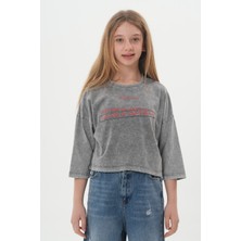 Haykids Kız Çocuk Yıkamalı Gri Oversize T-Shirt – Rahat Kesim Günlük Şık Uzun Kollu Çocuk T-Shirt