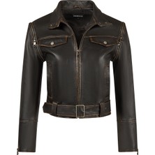 Derimod Nina Kadın Siyah Vintage Deri Ceket 26SGD5653VD