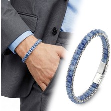 Fm 💎 Premium Mavi Aventurin Doğal Taşlı Hasır Örgü Zincirli Erkek Çelik Bileklik 31832B28D12 - 21 cm