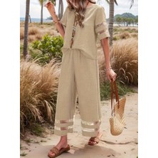 Civetta Kadın Kısa Kollu Bisiklet Yakalı Tül Şerit Detaylı Bluz ve Pantolon Ikili Takım