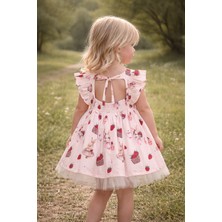 Cumino Kız Çocuk Sırt Detaylı Çilekli Tavşanlı Astarlı Elbise