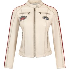 Derimod Ladyracer Kadın Beyaz Armalı Slim-Fit Deri Ceket 25SGM589851
