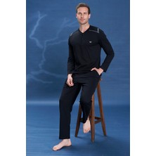 Remsa Büyük Beden Erkek Penye Yarım Düğme Detay Uzun Kol Pijama Takımı 2133 SIYAH07