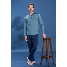 Remsa Erkek Penye  Yarım Düğme Detay Uzun Kol Pijama Takımı 2115 YEŞIL02