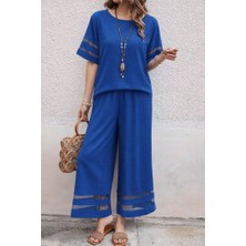 Sun&north Kadın Kısa Kollu Bisiklet Yakalı Tül Şerit Detaylı Bluz ve Pantolon Ikili Takım