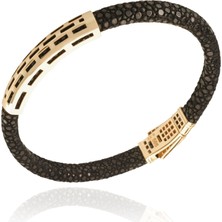 Berk Mücevherat 14 Ayar Altın Siyah Derili Erkek Bileklik