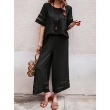 Nnstartshopping  Kadın Kısa Kollu Bisiklet Yakalı Tül Şerit Detaylı Bluz ve Pantolon Ikili Takım