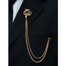 Gold Renk Ejderha Siyah Taşlı Ceket & Damatlık & Blazer Zincirli Yaka Aksesuarı