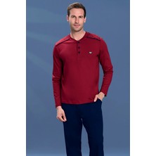 Remsa Erkek Penye Yarım Düğme Detay Uzun Kol Pijama Takımı 2158 BORDO03