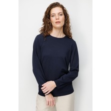 Desen Triko Kadın Sıfır Yaka Desenli Uzun Kollu Ince Triko Bluz 26351 Koyu Lacivert