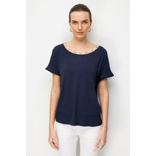 Desen Triko Kadın Sıfır Yaka Yakası Hasır Aksesuarlı Penye T-Shirt 26819 Lacivert