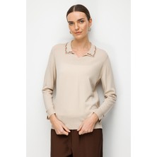 Desen Triko Kadın Polo Yaka Nakışlı Ince Triko Bluz 26361 Bej