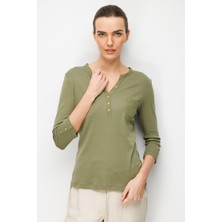 Desen Triko Kadın Açma Yaka Kol Ucu Metal Düğmeli Pamuklu Penye Bluz 26805 Haki