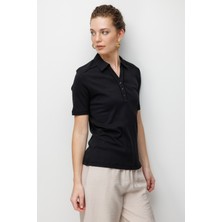 Desen Triko Kadın Polo Yaka Iğne Işlemeli Pamuklu Penye T-Shirt 26802 Siyah