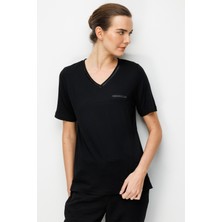 Desen Triko Kadın V Yaka Cebi Saten Şeritli Penye T-Shirt 26828 Siyah