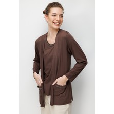 Desen Triko Kadın V Yaka Yakası ve Cep Üstü Zincirli Penye Hırka 26709 Kahverengi