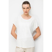 Desen Triko Kadın Sıfır Yaka Su Yolu Taşlı Düşük Kollu Penye T-Shirt 26833 Beyaz