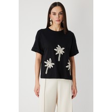 On Kadın Desenli Sıfır Yaka T-Shirt 71362 Siyah