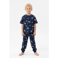 Bunny Hopp Erkek Çocuk %100 Pamuk Uzay ve Astronot Desenli Pijama Takımı - Kısa Kollu Manşetli Lacivert