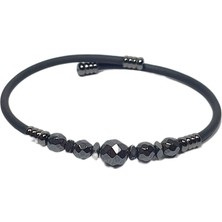 JTSS26BLK1771 Paslanmaz Çelik Bilezik Hakiki Deri Kaplama Hematit Doğaltaşlı Garantili Janti Bileklik