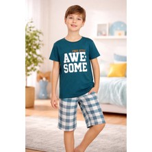 Almira Anne Bebek Erkek Çocuk Awe Some Yazılı Kısa Kollu Yeşil Pijama Takımı