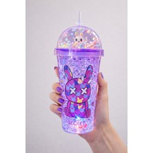 Biton Toptan Pipetli Suluk Tavşan Temalı Buz Görünümlü  LED Işıklı 450 ml Çift Katman Mika Su Şişesi 2087 Mor